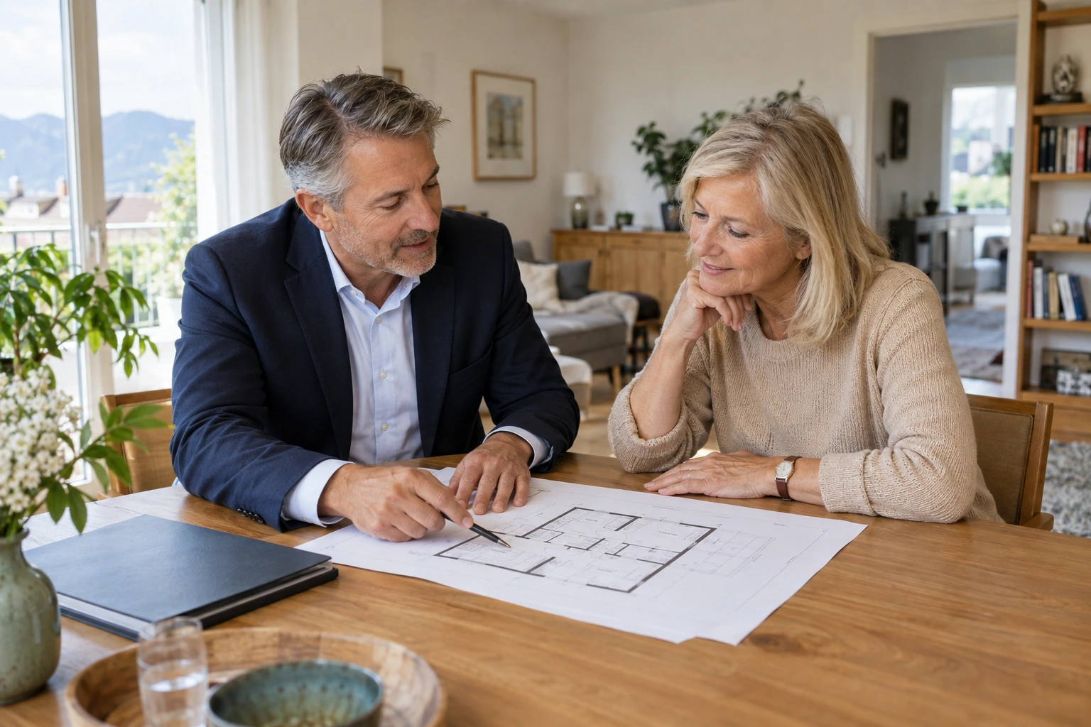 Mann und Frau besprechen einen Grundriss am Tisch